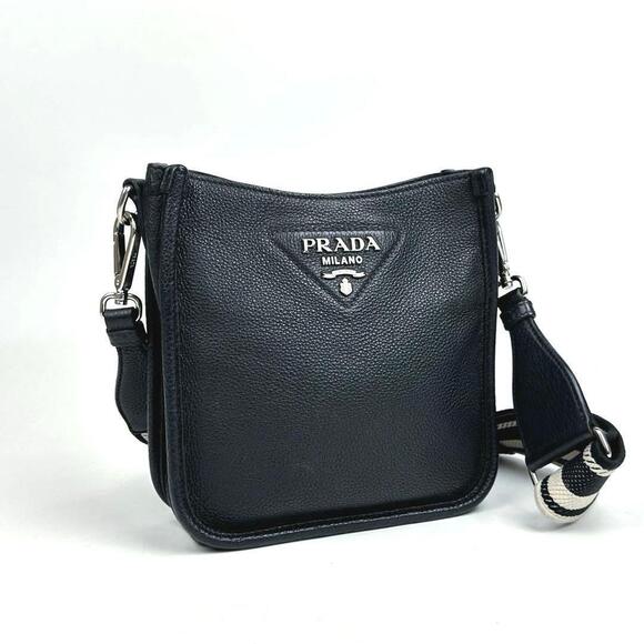Prada Handbags - PRADA Vitello Daino Soft Leather Shoulder Bag Black Crossbody Triangle